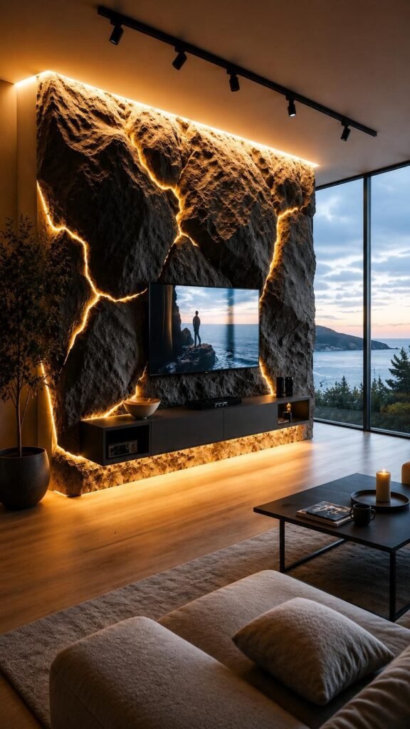 Luxury TV Wall Design: Backlit Stone Accent Wall Ideas