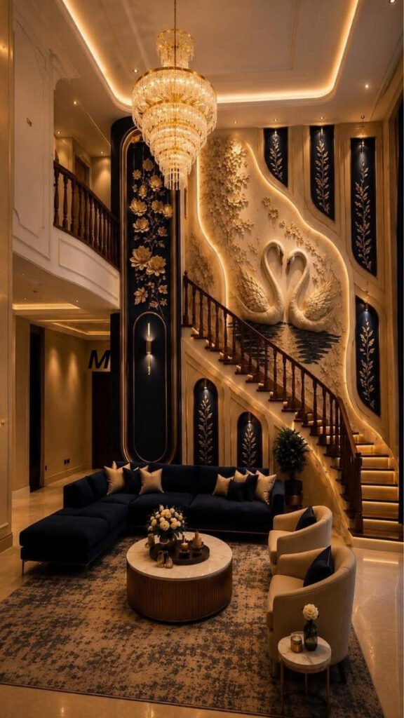 The Regal Haven: Luxury Double-Height Living Room Interior Design