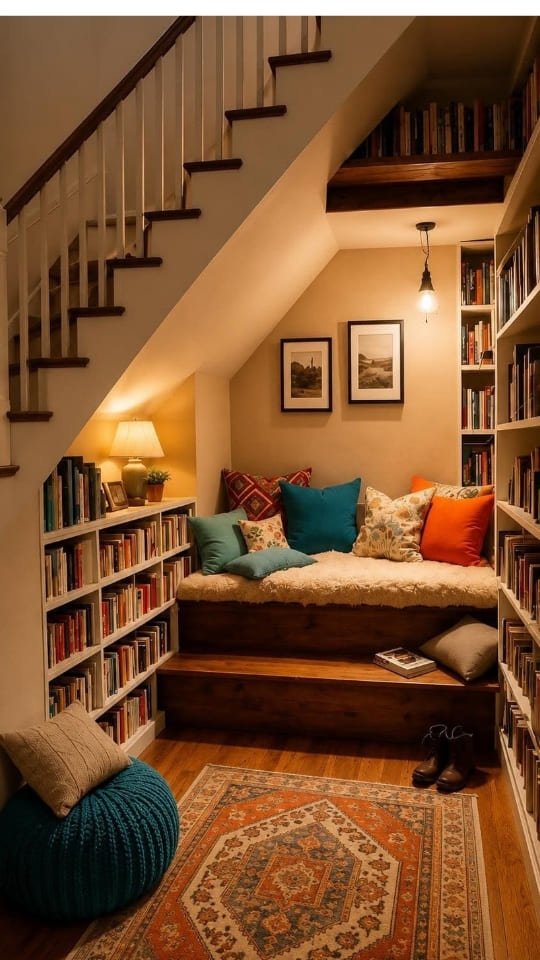 Cozy Reading Nook Under the Stairs | Home Library Ideas