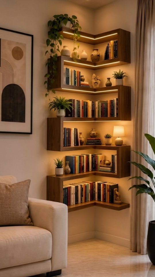 Corner Bookshelves with Warm Lighting