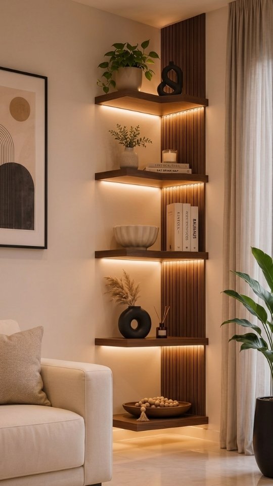 Illuminated Built-In Corner Shelves