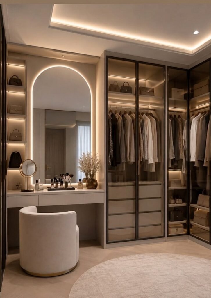 Chic Minimalist Wardrobe with Vanity Mirror