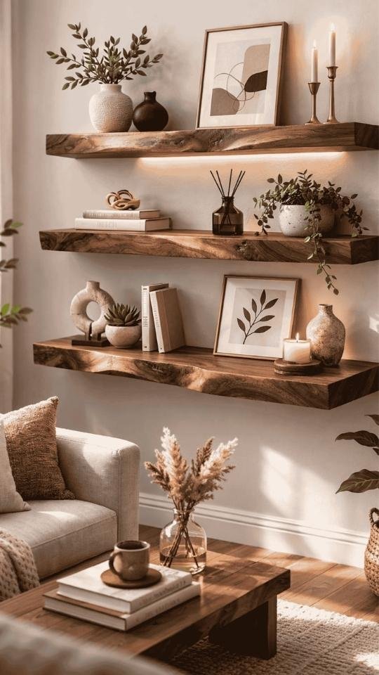 Warm Wood Floating Shelves