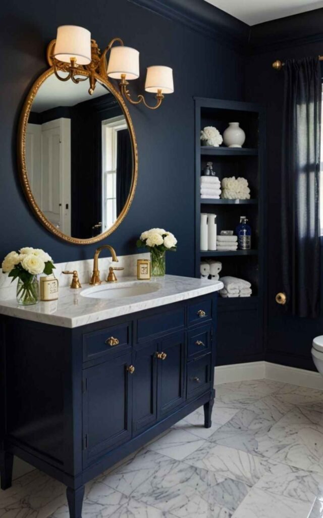 Navy Vanity with White Marble Countertop