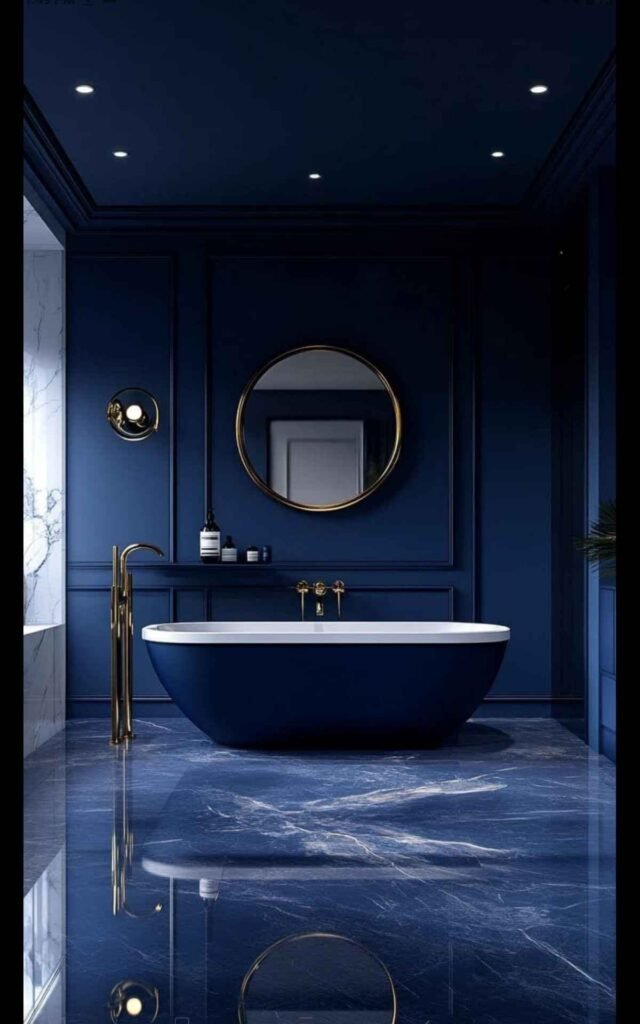 Freestanding Tub Against a Navy Feature Wall