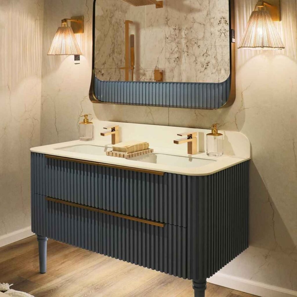 Navy Fluted Vanity with Soft Lighting