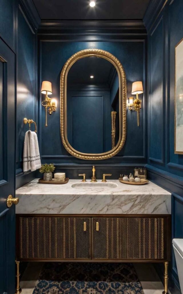 Navy Blue Powder Room with Glamorous Details