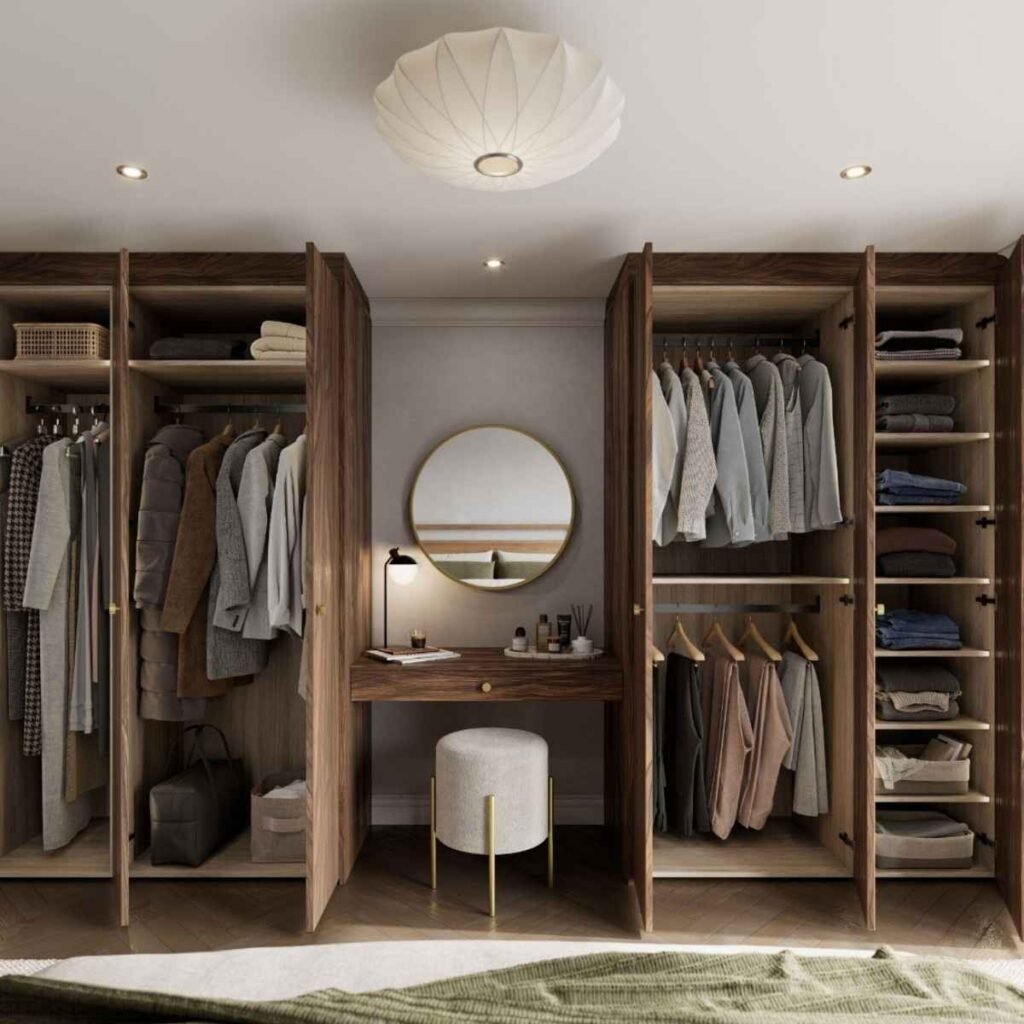 Warm Wood Wardrobe With Round Mirror