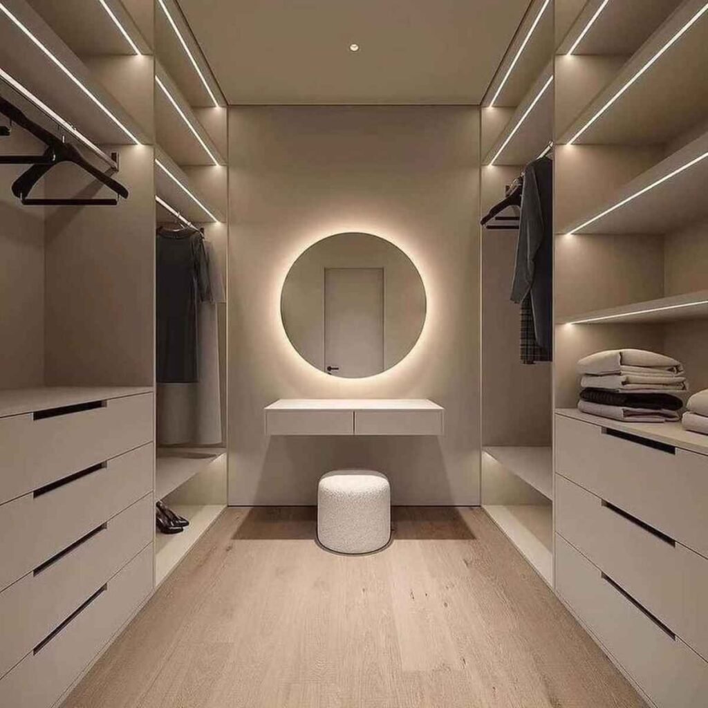 Soft Neutral Wardrobe With Oversized Mirror