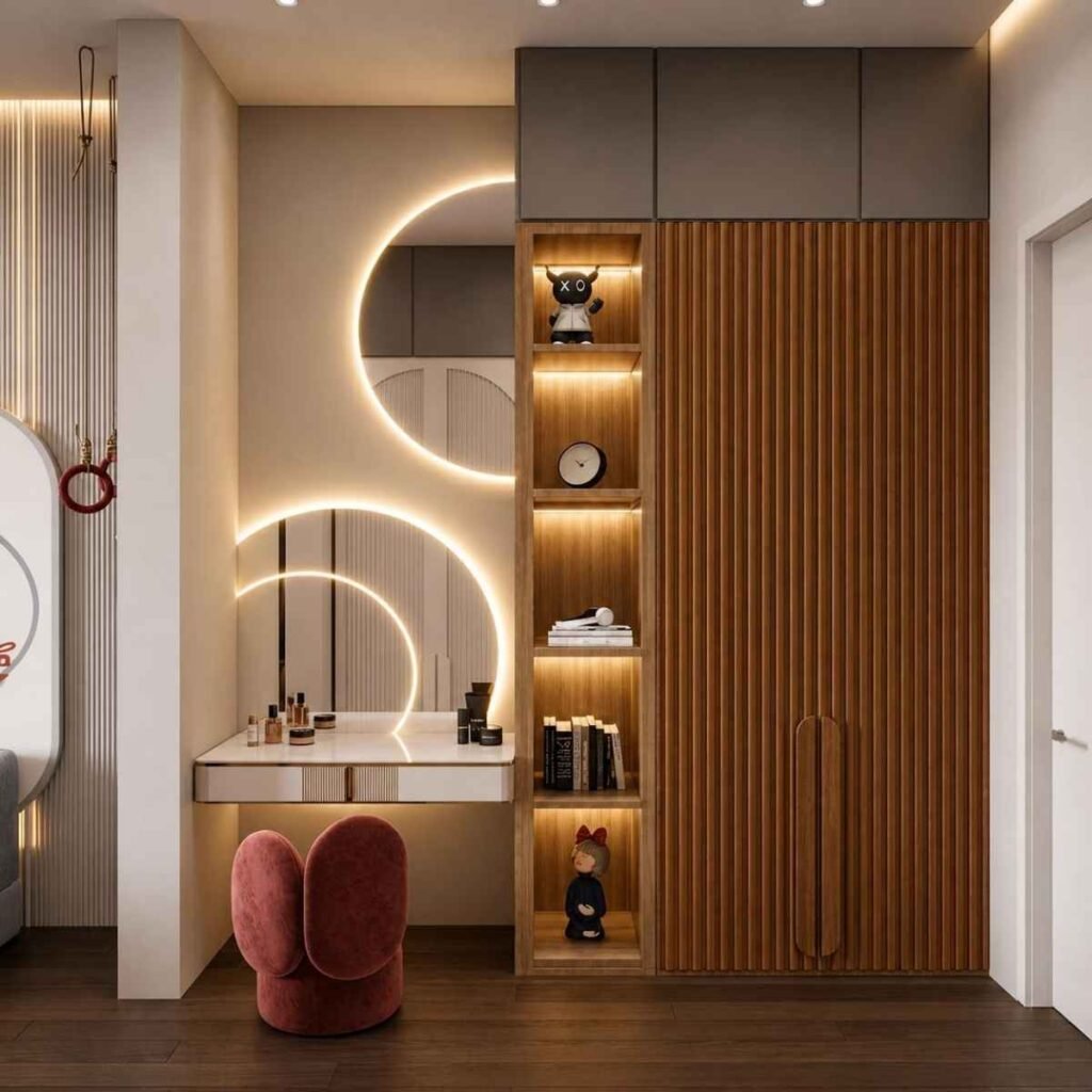 Fluted Wardrobe With Statement Vanity Mirror