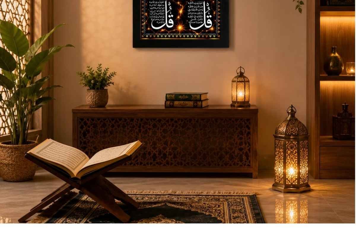 🕌 Cozy Islamic Prayer Corner Ideas for a Peaceful Home A dedicated prayer corner can turn even a small, unused space into a peaceful place for salah, Quran reading, reflection, and quiet moments. You don’t need a large room or an elaborate setup—just a clean corner, comfortable prayer rug, soft lighting, and a few meaningful Islamic details can create a beautiful spiritual atmosphere. The prayer corner in this inspiration combines warm lighting, wooden shelves, Quranic artwork, lanterns, greenery, and neutral tones to create a cozy yet elegant space. Here are some simple ideas to recreate a similar look in your own home. ✨ 1. Choose a Quiet Corner Start by selecting a peaceful area of your home where you can pray without frequent interruptions. An empty corner of the bedroom, living room, hallway, or even a small nook can work beautifully. Keep the area visually calm by avoiding unnecessary furniture and clutter. A simple wall, a small shelf, and enough floor space for your prayer rug are often all you need. 🕌 2. Create an Arched Prayer Niche One of the most beautiful features of this prayer corner is the arched niche-inspired wall design. The soft arch gives the space a traditional Islamic character while still looking modern. You can create a similar effect with a painted arch, decorative wall molding, an arched wooden panel, or a simple DIY niche. Add subtle LED strip lighting around the inside edge to give the arch a gentle glow. 🤎 3. Keep the Color Palette Neutral Neutral shades make a prayer corner feel calm and sophisticated. Consider using: Cream Beige Soft taupe Warm white Light brown Natural wood These colors work especially well with warm lighting and create a peaceful backdrop for Islamic artwork and decorative pieces. 💡 4. Add Soft Ambient Lighting Lighting can completely change the feeling of a prayer space. Instead of bright white ceiling lights, use warm LED lighting around shelves, arches, or wall panels. Small lanterns and decorative lamps can add another layer of softness. Choose warm white bulbs rather than cool-toned lighting to create a relaxing evening atmosphere. 📖 5. Keep the Quran in a Beautiful Display A Quran placed respectfully on a wooden rehal can become the natural focal point of your prayer corner. Place it on a small floating shelf or low wooden console where it is easy to access. Keep the surrounding area simple so the Quran remains the meaningful centerpiece rather than being overwhelmed by decoration. 🌙 6. Decorate with Islamic Calligraphy Islamic calligraphy can add beauty and spiritual meaning to the walls. You can display Arabic calligraphy featuring Allah's name, the Prophet Muhammad ﷺ, or meaningful Quranic verses. For a modern home, choose simple framed artwork in shades that complement your room instead of using too many different colors. 🪵 7. Install a Small Wooden Shelf A compact wooden shelving unit is perfect for combining storage and decoration. Use the shelves to organize: Quran and Islamic books Tasbeeh Small lanterns Dua books Decorative ceramics Small plants Scented candles or non-flame alternatives Choose natural wood for a cozy and timeless look. 🕯️ 8. Use Lanterns for an Islamic Touch Traditional lanterns instantly bring an elegant Islamic feel to a prayer corner. Place one on the floor beside the prayer rug or add smaller lanterns to a shelf. For everyday use, LED candles inside decorative lanterns are a practical option because they provide a similar glow without an open flame. 🌿 9. Add a Touch of Greenery A small plant can soften the look of a prayer corner and add a natural element to the neutral color palette. Trailing plants look especially beautiful on top of a wooden shelf, while a small potted plant can be placed beside the Quran or on a floating shelf. Keep greenery minimal so the space remains uncluttered. 🧎 10. Choose a Beautiful Prayer Rug The prayer rug is one of the most important elements of the space. Choose something comfortable with a subtle Islamic or geometric pattern. A beige, cream, or muted brown rug can blend beautifully with a neutral interior. If you have enough floor space, position the rug neatly in the correct direction for salah and keep the surrounding floor clear. 📿 11. Create a Small Tasbeeh Display Instead of leaving prayer beads scattered around the room, dedicate a small section of your shelf to them. You can place a tasbeeh in a small wooden bowl, hang it neatly from a decorative hook, or keep it beside your Quran. This keeps the corner organized while making frequently used items easy to reach. 🖼️ 12. Add a Meaningful Quranic Quote A short Quranic verse or dua can make the prayer corner feel more personal and inspiring. You could display a meaningful verse above the prayer rug or inside an arched wall niche. Keep the typography simple and make sure the artwork is positioned respectfully and securely. 🏡 How to Create a Cozy Islamic Prayer Corner at Home You can recreate this look without completely redesigning your room. Start with a clean, empty corner and build the space gradually. Place a comfortable prayer rug on the floor and add a small wooden shelf or floating ledge nearby. Display your Quran on a rehal, then organize a few Islamic books and prayer beads around it. Add warm LED lighting behind the shelf or around an arch-shaped wall feature. Finally, introduce one or two lanterns and a small plant for a cozy finishing touch. The key is to keep everything simple, organized, and meaningful rather than filling the corner with too many decorative items. 🤍 Small Prayer Corner Ideas for Apartments If you live in a small apartment, you don’t need a dedicated room for prayer. A narrow corner beside a wardrobe, bookshelf, or bedroom wall can work perfectly. Try using: A foldable prayer rug Floating shelves Wall-mounted Quran storage A small vertical bookshelf Battery-operated lanterns Minimal Islamic wall art A slim wooden console Vertical storage is particularly useful because it keeps the floor open while giving you enough space for your Quran and prayer essentials. 🌙 Make It Feel Peaceful, Not Cluttered The most beautiful prayer corners are often the simplest. Avoid adding too many frames, plants, lanterns, and decorative objects together. Choose a few meaningful pieces and give each one enough breathing space. A neutral background, soft lighting, natural wood, and carefully selected Islamic artwork can create a much more peaceful atmosphere than an overly decorated wall. ❌ Common Mistakes to Avoid When designing an Islamic prayer corner, keep these things in mind: Avoid clutter: Too many decorative items can make a small prayer space feel distracting. Don't compromise cleanliness: Keep the rug and surrounding area clean and tidy. Avoid harsh lighting: Very bright or cool-toned lighting can take away from the relaxing atmosphere. Don't overcrowd the walls: One beautiful calligraphy piece can often have more impact than several unrelated artworks. Choose practical storage: Keep your Quran, tasbeeh, and prayer essentials easy to access but neatly organized. ✨ Final Thoughts A beautiful Islamic prayer corner doesn’t have to be expensive or complicated. With a comfortable prayer rug, warm lighting, Quranic artwork, natural wood, a few lanterns, and thoughtful organization, you can transform a small unused corner into a peaceful space for prayer and reflection. Whether you have an entire room or only a tiny corner available, focus on creating an environment that feels clean, calm, personal, and spiritually meaningful. Sometimes, a simple dedicated space is all it takes to make everyday moments of worship feel even more special.