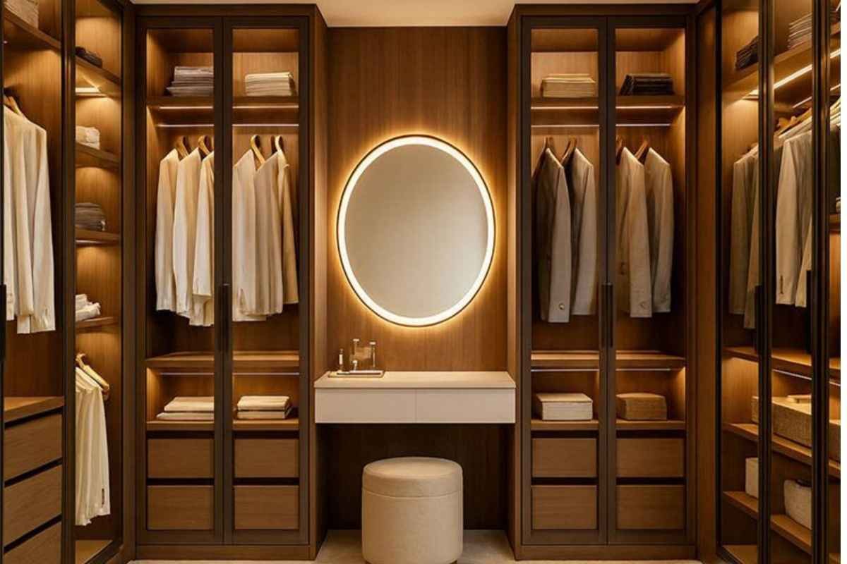 Chic Minimalist Wardrobe with Vanity Mirror
