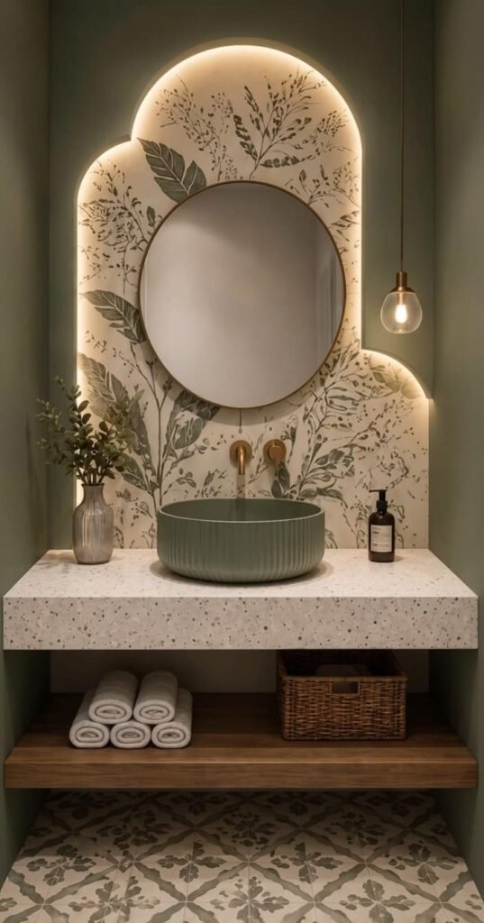 Botanical Wallpaper Accent with Fluted Sage Green Sink