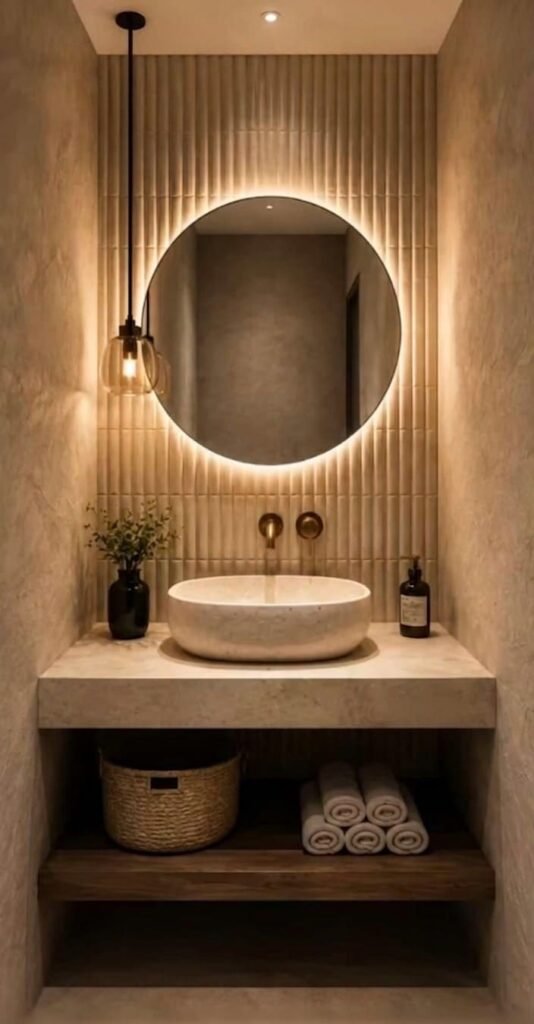 Warm Neutral Oval Vessel Sink with Cream Fluted Tiles