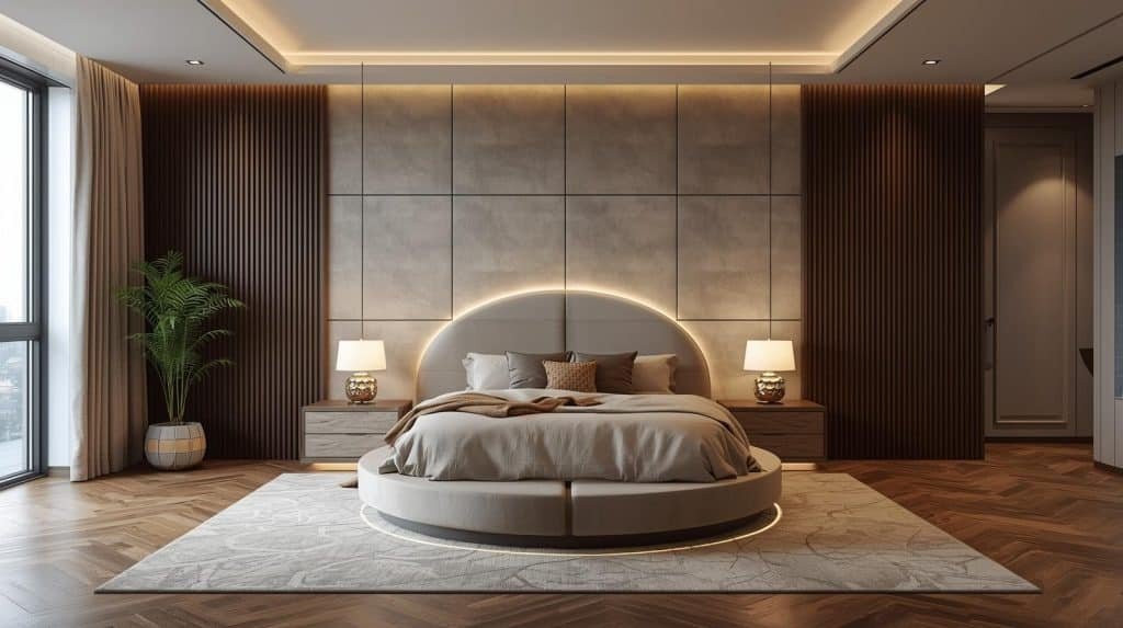 Modern Scandinavian Bedroom with a Curved Bed