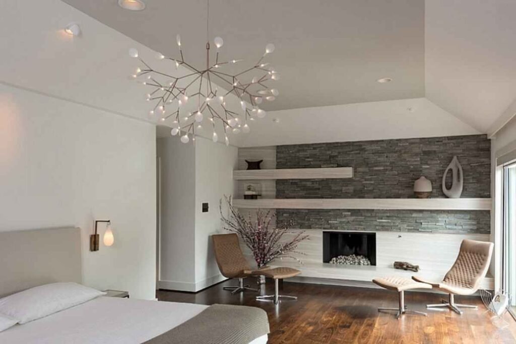 Scandinavian Bedroom with a Sculptural Pendant